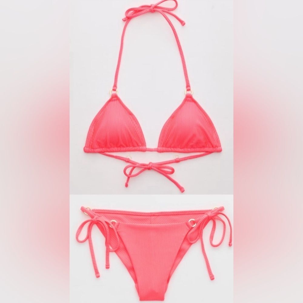 NWT Aerie FULL SET Shine Rib String Triangle Top + Cheekiest Tie Bottom Neon XL